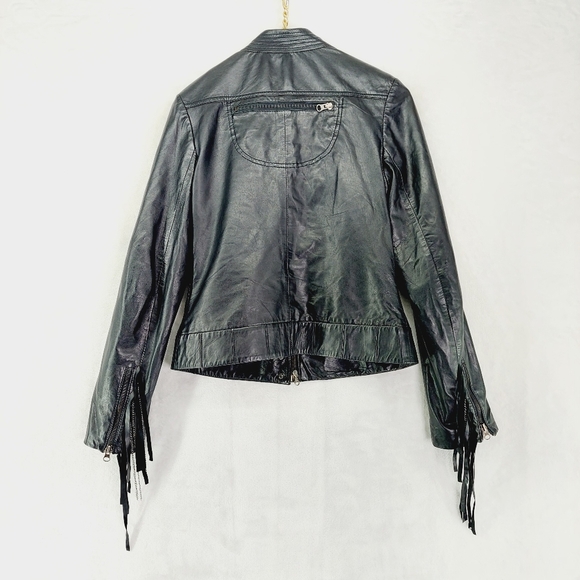 Stella & Jamie Genuine Leather Black Studded Side Zip Fringe Moto Jacket P3275 - Picture 4 of 7